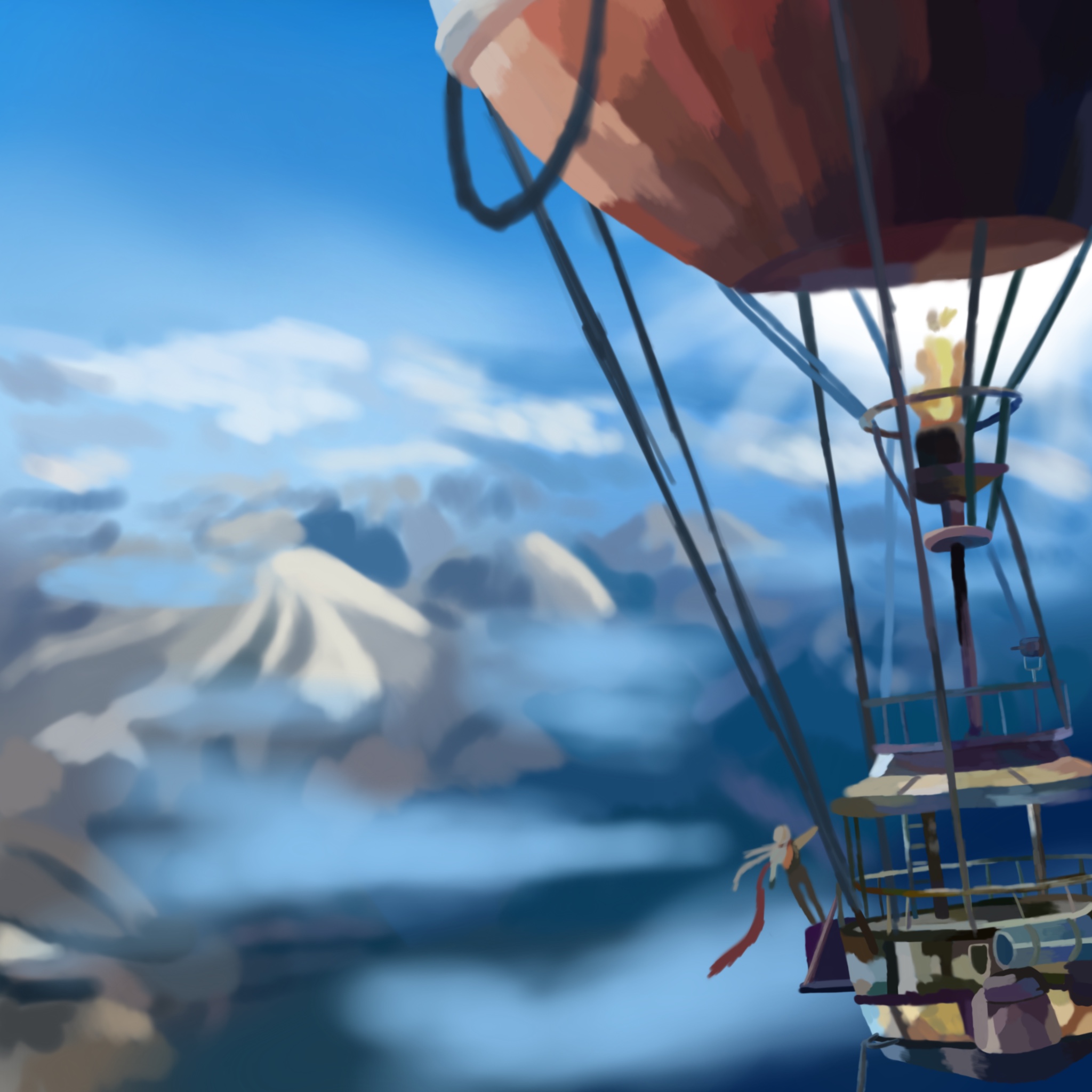 a human in a hot air balloon looking over the horizon